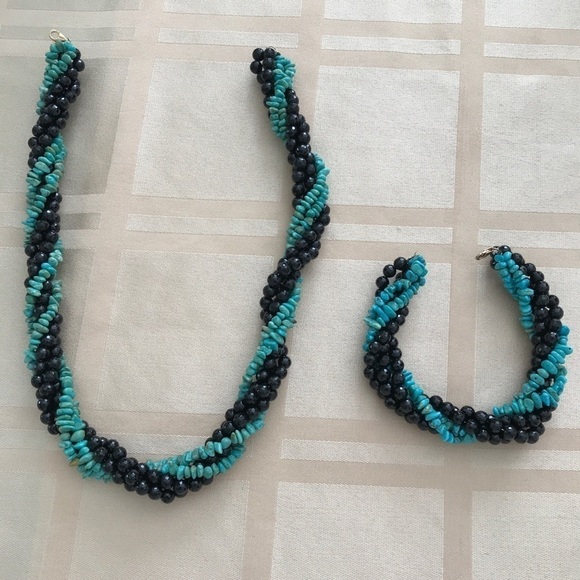 14k Turquoise Black Jet Bracelet Necklace Set - Picture 12 of 12